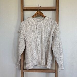 Fringe Cable Knit Crewneck Sweater - Cream